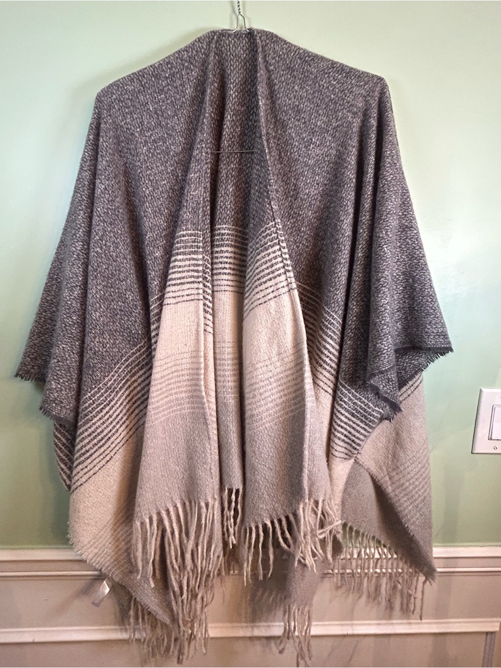 Neutral Fringe Knit Poncho - Gray and Cream